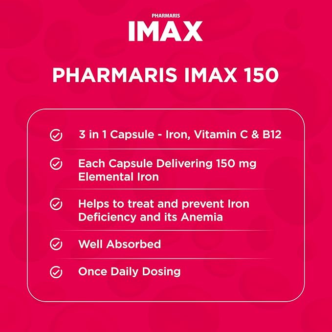 IMAX Iron Supplement 150 mg, Vitamin C 250 mg & B12 1000 mcg, Iron Supplement Treatment for Women & Men, Once Daily, 100 Capsules