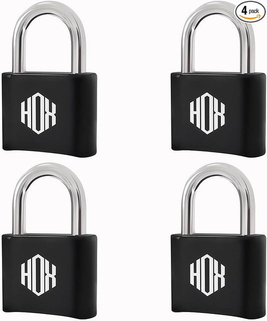 HOX 4 Digit Combination Lock Outdoor Padlock - Heavy Duty Locker Lock with Hardened Steel Shackle, Waterproof Combo Lock for Gym Locker, Hasp Storage, Shed, Fence (Black, 4 Pack)