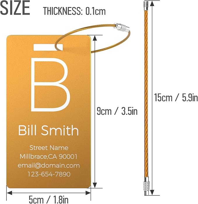 Personalized Metal Luggage Tags, Custom Suitcase Aluminum Name Tags with 5.9in Steel Ring, Laser Engraved Text and Logo, for Travel Gift, Baggage, Golf Bag (Golden)