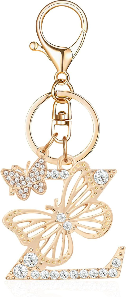 Gold Plated Alphabet Initial Letter Keyring Keychain for Women Girls Crystal Key Chains for Wallet Backpack Bag Charm