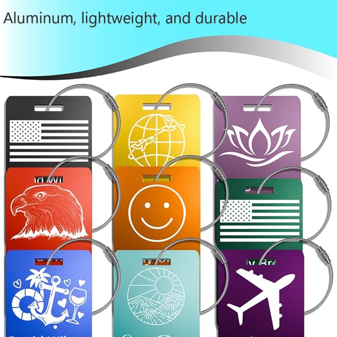 Personalized Luggage Tags for Suitcases 4 Pack – Custom Metal Name Tag for Travel, Golf Bag, and Baggage – Durable Aluminum Luggage Name Tags (Adventure Collection, Black)