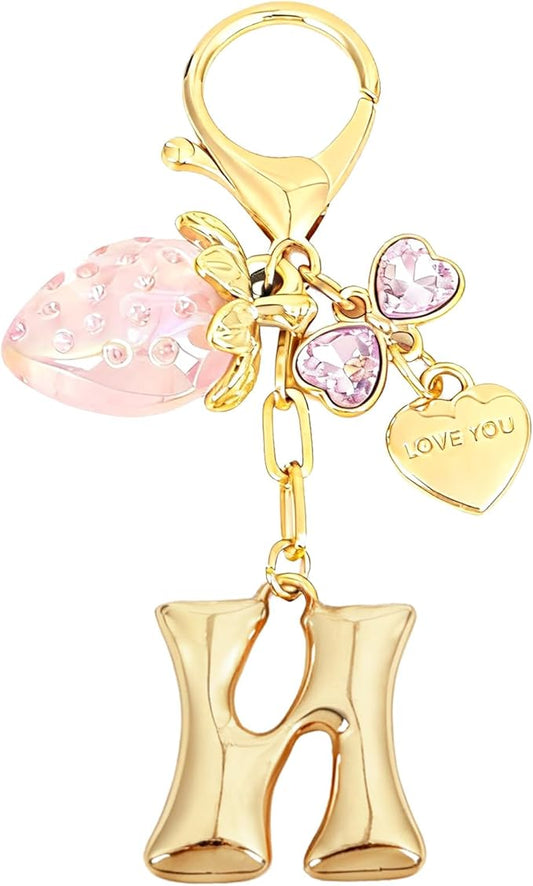 Snycler Bubble Initial Keychain with Strawberry & Bow- Gold Letter Bag Charms for Women, Cute Purse Handbag Accessories