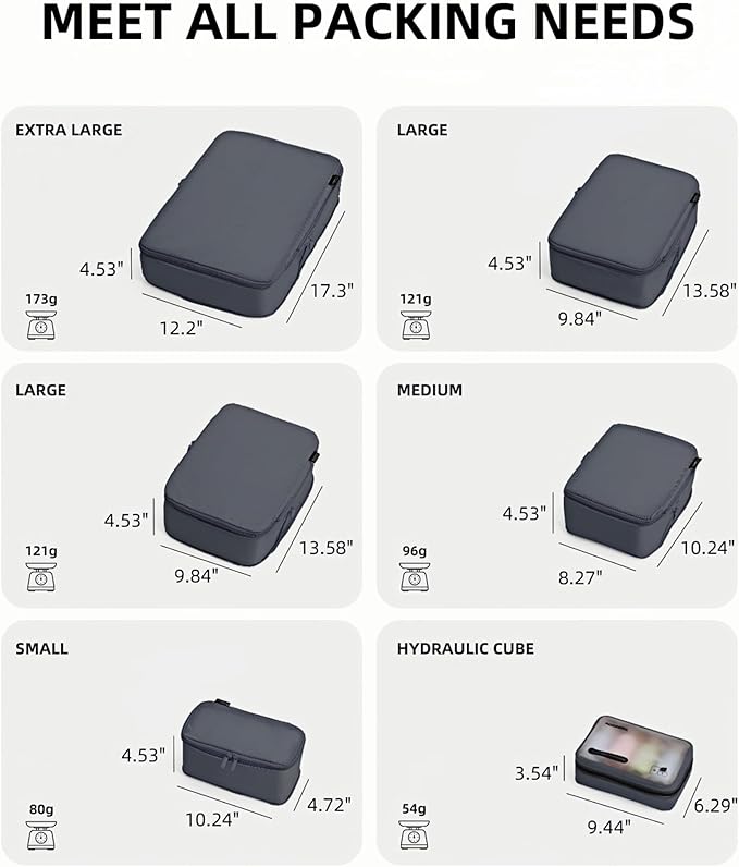 6 Set Compression Packing Cubes for Travel, Large Medium Small Luggage Organizers, Storage Bags for Clothes and Essentials (6 Pack, Charcoal Gray)