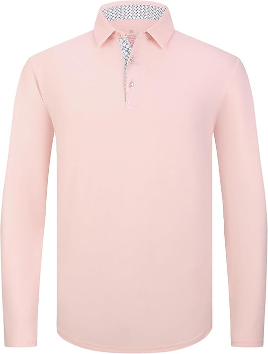 Alex Vando Mens Golf Shirt Moisture Wicking Quick-Dry Solid Long Sleeve Polo Shirts for Men