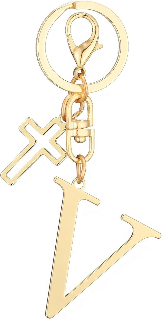 Gold Initial Keychain for Women A-Z Letter Cross Keychains Alphabet Key Chain bag Accessories Gift for Christian