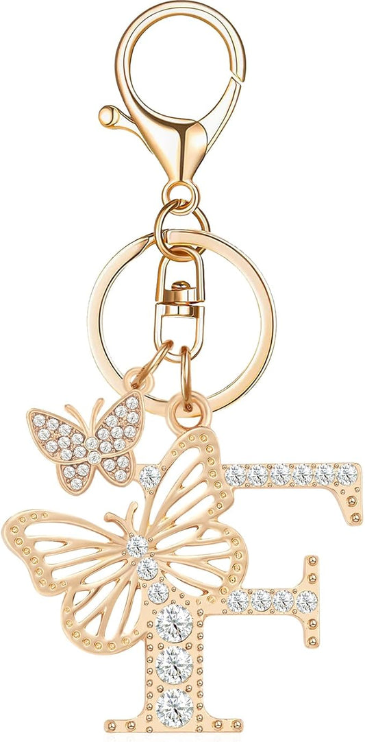 Gold Plated Alphabet Initial Letter Keyring Keychain for Women Girls Crystal Key Chains for Wallet Backpack Bag Charm