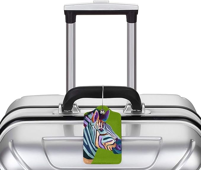 2pcs Zebra Luggage Tag for Suitcases Baggage, Colorful Airport Cruise Leahter Luggage Tag on Green Background and Full Back Privacy Cover for Travel Sports Teens Kids