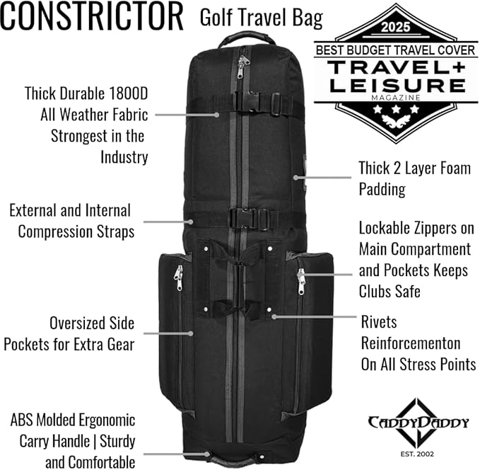 CaddyDaddy Constrictor Soft-Sided Golf Travel Bag Cover with Thick Dense Foam Padded Top 1 Year Full Travel Bag Replacement Coverage | Wheels & Lockable Zippers Case for Transporting Clubs on Airlines