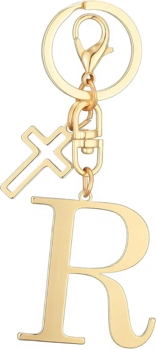 Gold Initial Keychain for Women A-Z Letter Cross Keychains Alphabet Key Chain bag Accessories Gift for Christian
