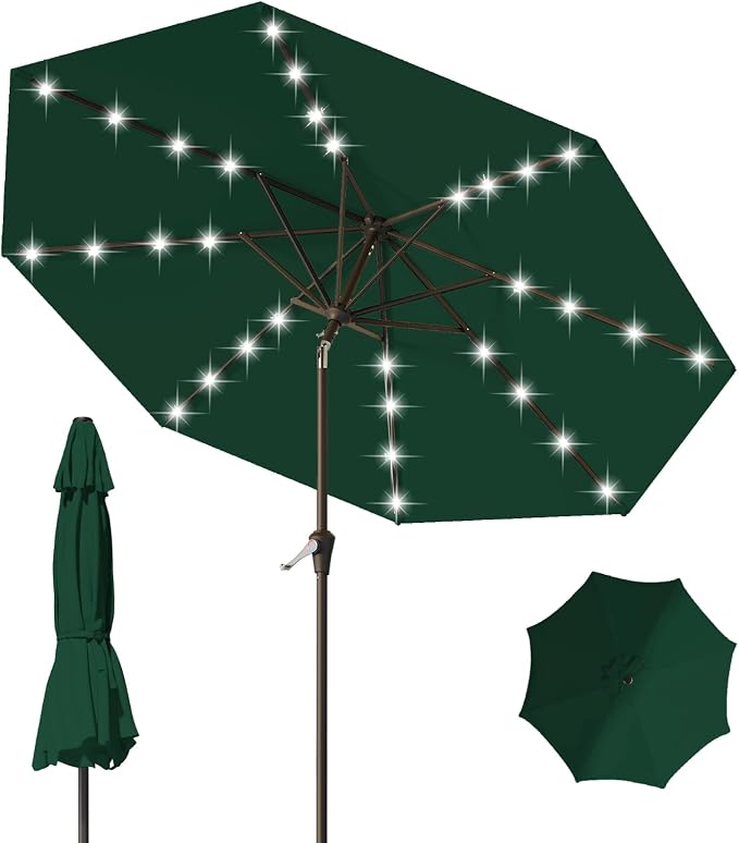 9FT Patio Umbrella with Solar Lights, Outdoor Market Umbrella with Tilt and by YourPerfectOutdoorEscape