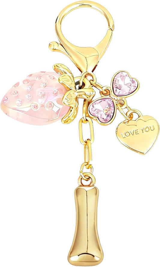 Snycler Bubble Initial Keychain with Strawberry & Bow- Gold Letter Bag Charms for Women, Cute Purse Handbag Accessories