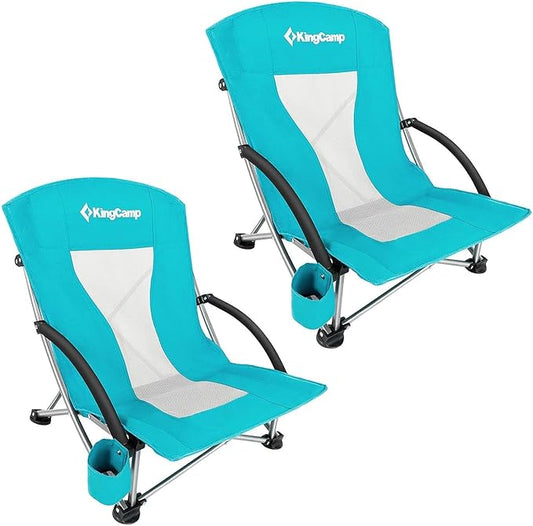 KingCamp Low Beach Chairs, Folding Portable Chair for Adults Lightweight Extra Wide Seat 300lbs Heavy Duty Oversized Backpack, Carry Bag for Camping
