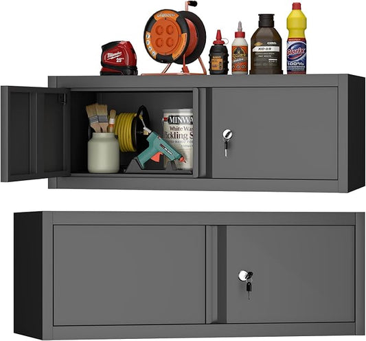 GREATMEET Metal Garage Storage Cabinets, Lockable Storage Cabinet with Doors, Wall Mount Cabinet Storage with Lock, Hanging Floating (Black, 13" H)