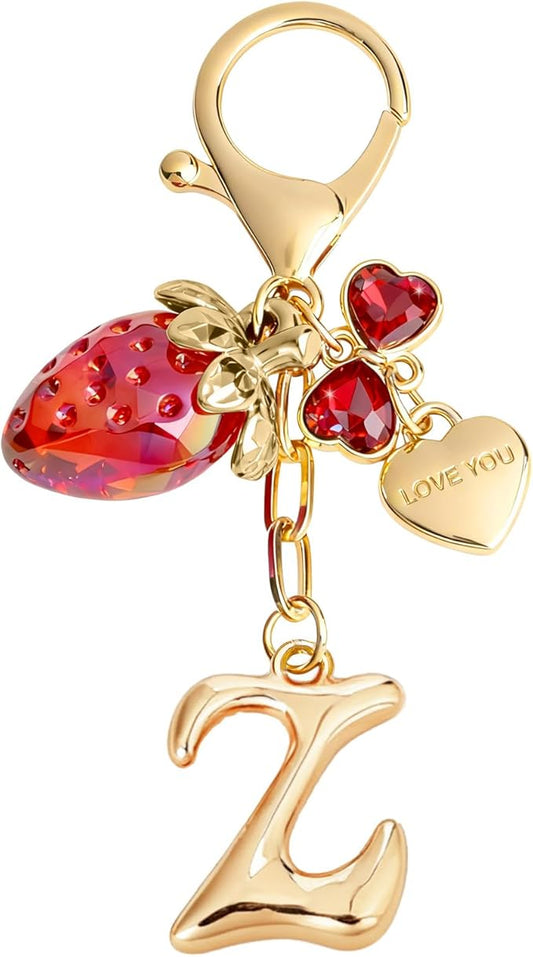 Snycler Bubble Initial Keychain with Strawberry & Bow- Gold Letter Bag Charms for Women, Cute Purse Handbag Accessories