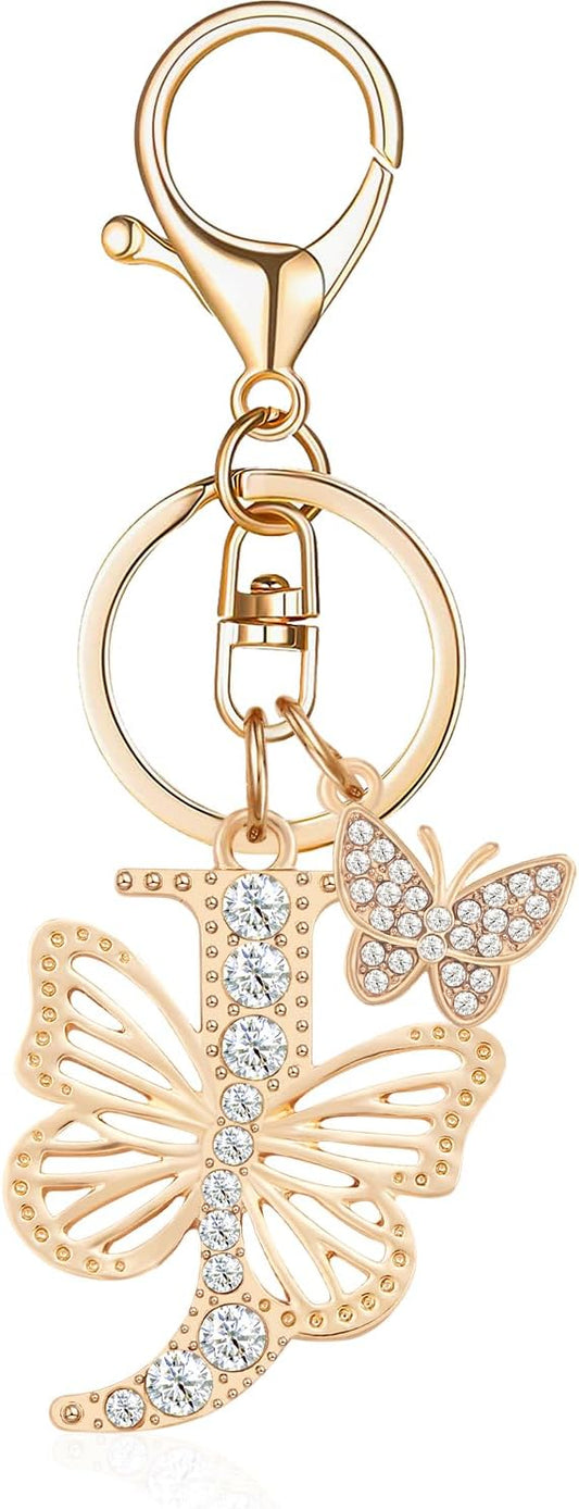 Gold Plated Alphabet Initial Letter Keyring Keychain for Women Girls Crystal Key Chains for Wallet Backpack Bag Charm
