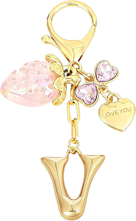 Snycler Bubble Initial Keychain with Strawberry & Bow- Gold Letter Bag Charms for Women, Cute Purse Handbag Accessories