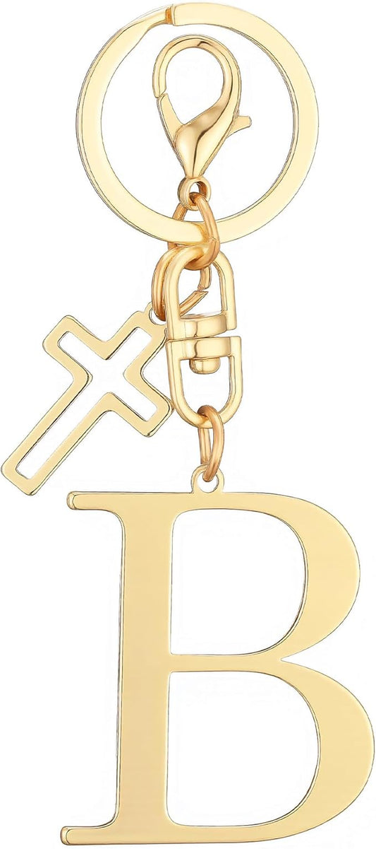 Gold Initial Keychain for Women A-Z Letter Cross Keychains Alphabet Key Chain bag Accessories Gift for Christian