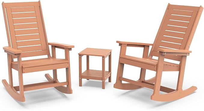 GREENVINES Outdoor Rocking Chairs Set, 2 Rockers w/ 1 Side Table, Teak | by GreenVines