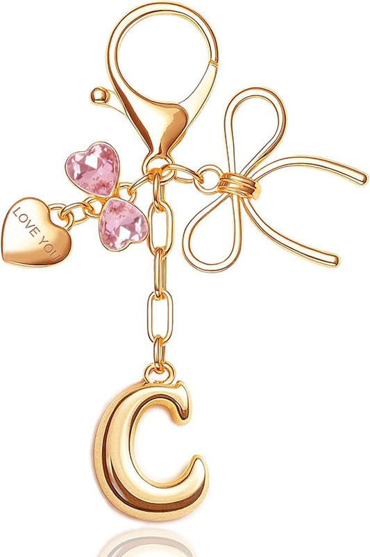 Gold Bubble Initial Keychain with Bow Decoration Bag Charms for Women, Cute Purse Handbag Accessories Gift