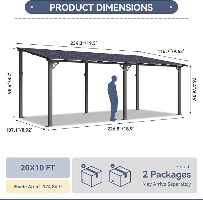 10' X 20' Lean to Gazebo Pergola, Metal Outdoor Gazebos | Wall Mounted Gaebos - Image 3