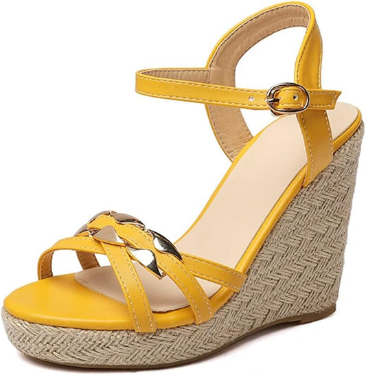VOKLIN Women's Casual Espadrilles Wedge Sandals Open Toe Ankle Strap Metallic Chunky Platform Dressy Sandal