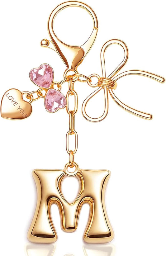 Gold Bubble Initial Keychain with Bow Decoration Bag Charms for Women, Cute Purse Handbag Accessories Gift