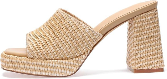 Monrovia Womens Sandals Heels for Women Slide On Block Chunky Platform High Heels Open Toe Raffia Wedge Sandals