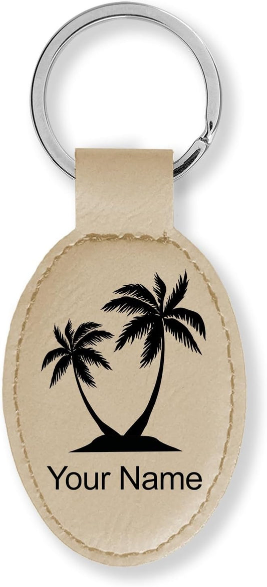 LaserGram Oval Keychain, Palm Trees, Personalized Engraving Included (Beige)