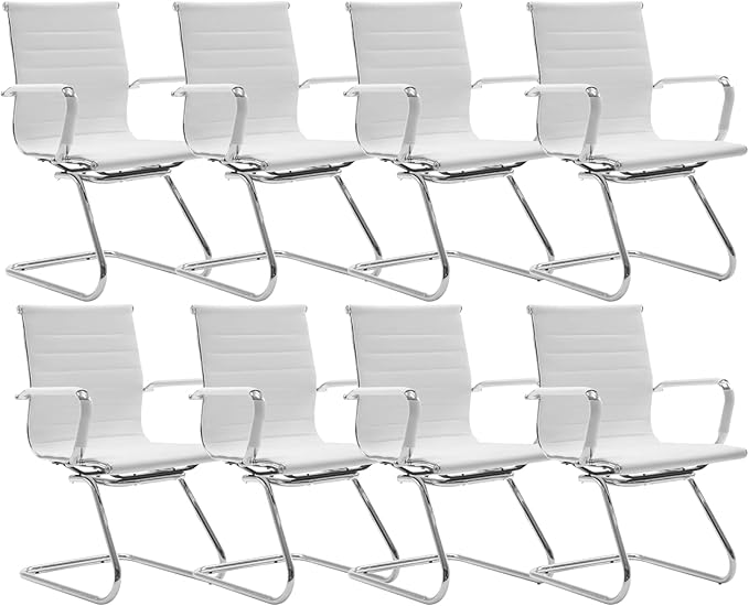 CIMOTA Waiting Room Chairs Leather Office Guest Chair Mid Back Reception Chairs with Sled Base for Meeting/Patient/Conference Room, White Set of 8