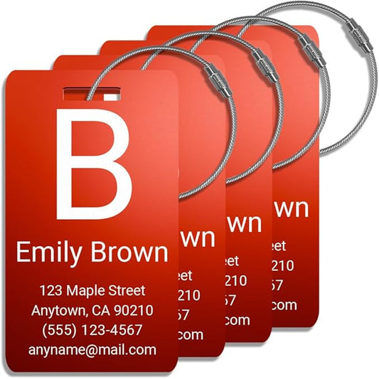 Personalized Luggage Tags for Suitcases 4 Pack – Custom Metal Name Tag for Travel, Golf Bag, and Baggage – Durable Aluminum Luggage Name Tags (Red, Vertical)