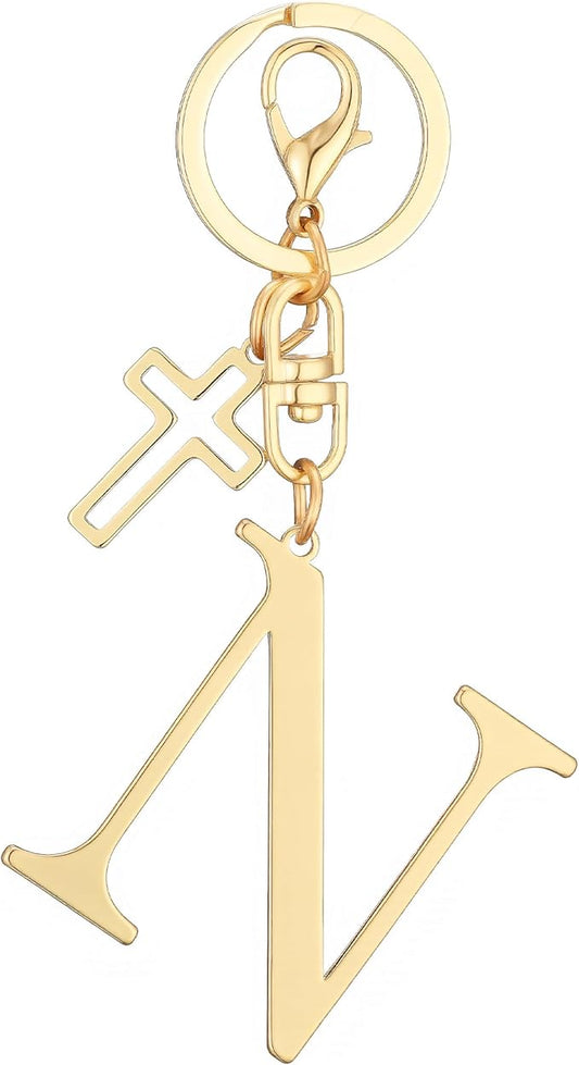 Gold Initial Keychain for Women A-Z Letter Cross Keychains Alphabet Key Chain bag Accessories Gift for Christian