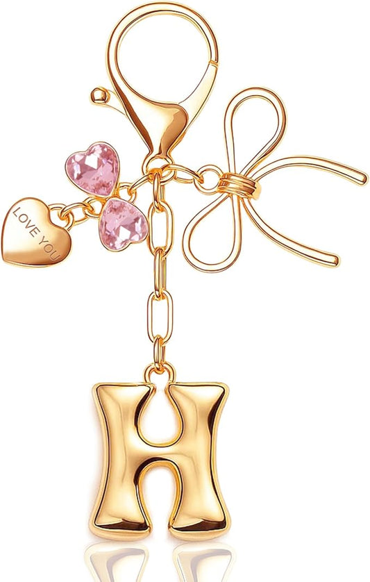 Gold Bubble Initial Keychain with Bow Decoration Bag Charms for Women, Cute Purse Handbag Accessories Gift