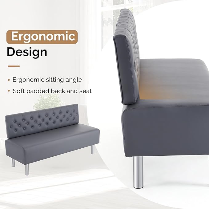 OmySalon Waiting Room Bench with Back, 58.6’’ Office Guest Chair Upholstered Reception Seating, Lobby Furniture for Beauty Salon Barbershop Airport Bank Hall Room Conference, Button Tufted, Gray