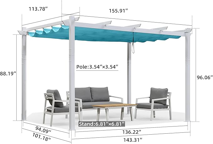 PURPLE LEAF Outdoor Pergola 10' x 13' Retractable Canopy, Turquoise Blue | UV - Image 6