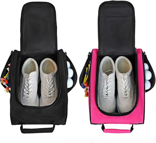 Goloni 2Pcs Golf Shoe Bag for Men & Women, Padded Travel Shoe Bag with Side Accessory Pockets,Sport Shoe Carrier for Golf Shoes,Socks,Tees & Balls,Durable & Lightweight Design (Black+Pink)