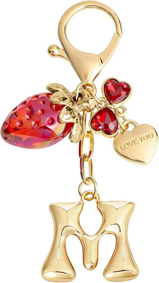 Snycler Bubble Initial Keychain with Strawberry & Bow- Gold Letter Bag Charms for Women, Cute Purse Handbag Accessories
