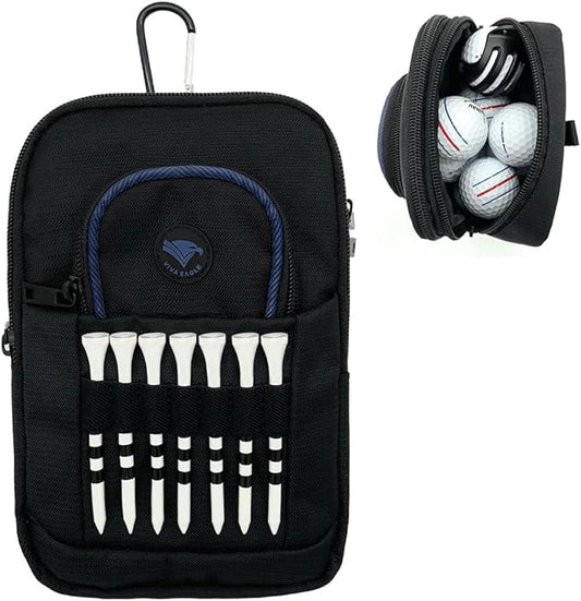 Golf Bag Pouch for Balls and Accessories | 3 Zipper Pockets | Detachable Clip | Store Up to 15 Balls | Front Tee Holder and 10 Bamboo Tees 3 1/4 in