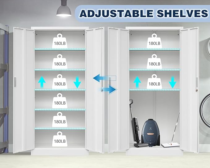 BESFUR Metal Cabinet with 5 Adjustable Shelves and 2 Lockable Doors, 71" H Locking Cabinet for Garage, Classroom and Office -White