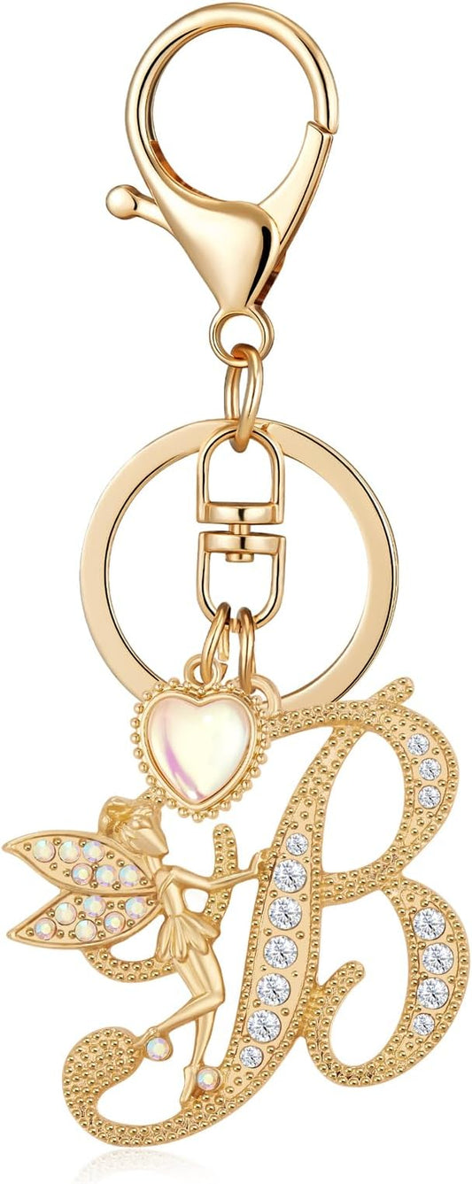 Gold Plated Alphabet Initial Letter Keyring Keychain for Women Girls Crystal Key Chains for Wallet Backpack Bag Charm