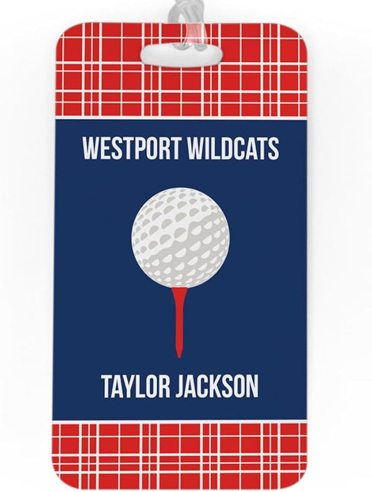 ChalkTalkSPORTS Golf Luggage & Bag Tag | Personalized Team with Golf Ball | Standard Lines on Back | Large | RED/Navy