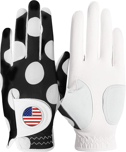 Amy Sport Womens Golf Glove with Ball Marker Rain Left Right Hand Leather Printed Pack, Ladies Golf Gloves All Weather Grip Breathable Soft Size Small Medium Large XL