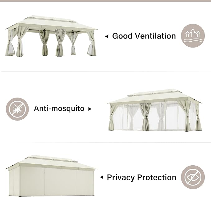10'x20' Outdoor Gazebo with 100FT String Lights, Metal Heavy Duty Patio Canopy - Image 3