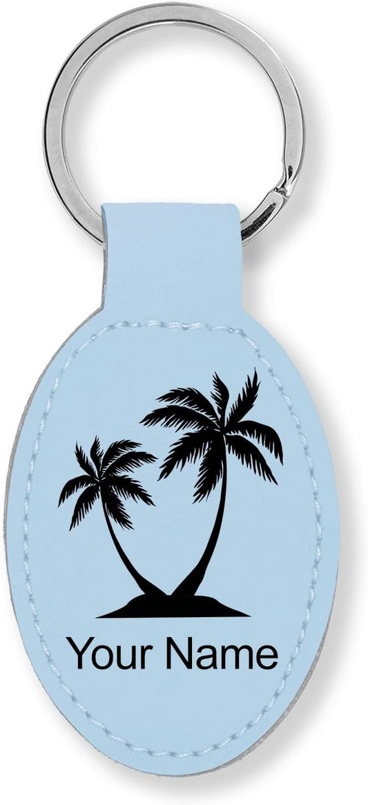 LaserGram Oval Keychain, Palm Trees, Personalized Engraving Included (Light Blue)