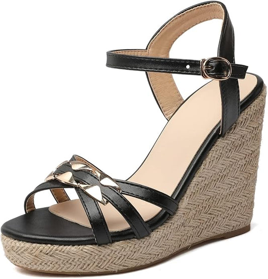 VOKLIN Women's Casual Espadrilles Wedge Sandals Open Toe Ankle Strap Metallic Chunky Platform Dressy Sandal