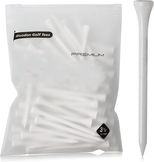 3-¼ inch Pro Wood Golf Tees | 100 Count | Resealable Bag | Natural Sustainable Bamboo Material | Tall White Wooden Tees | Perfect for Every Tee Shot