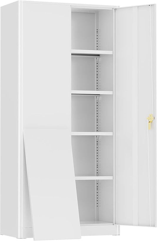 Greenvelly Metal Garage Storage Cabinet with 2 Doors and 4 Adjustable Shelves, 72”H White Steel Lockable Storage Cabinet,Tall Metal Cabinet Locking File Cabinet for Office,Home, Garage, Gym, School