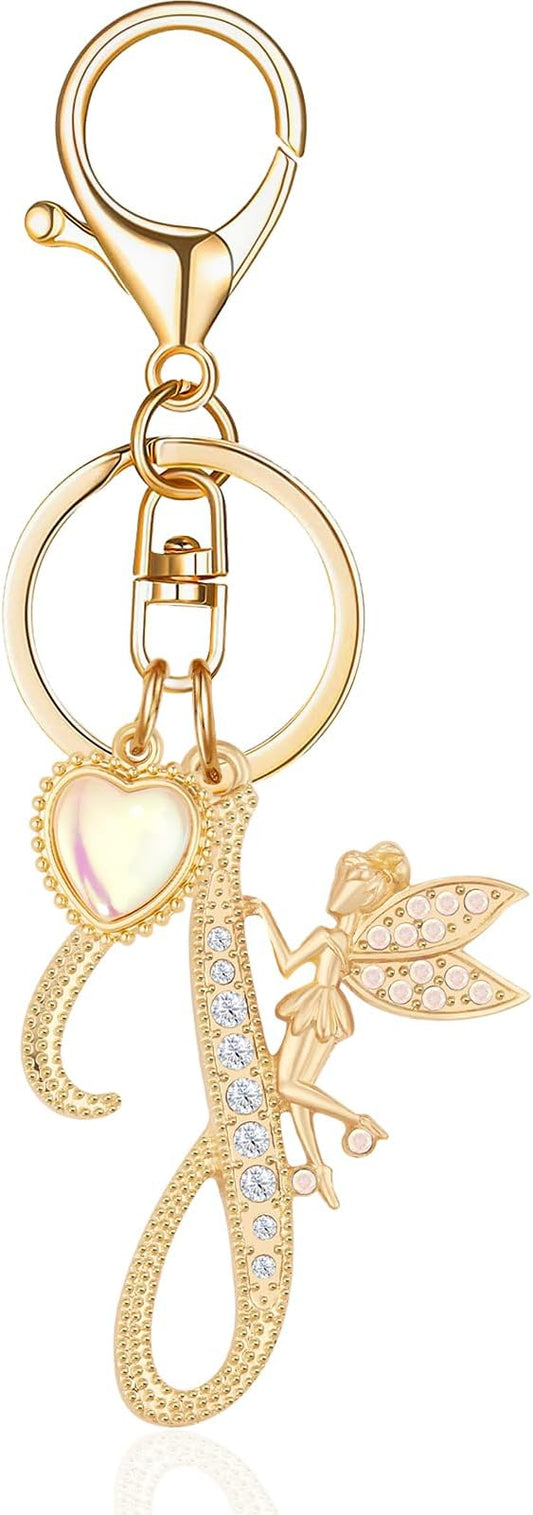 Gold Plated Alphabet Initial Letter Keyring Keychain for Women Girls Crystal Key Chains for Wallet Backpack Bag Charm