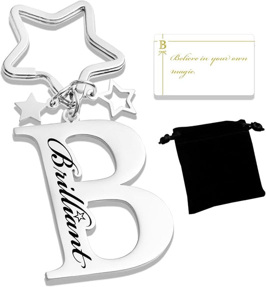 Qunrwe Stainless Steel Initial Letter A-Z Keychain,Inspirational Gifts for Women Men Friends Daughter Son Sister Dad Mom