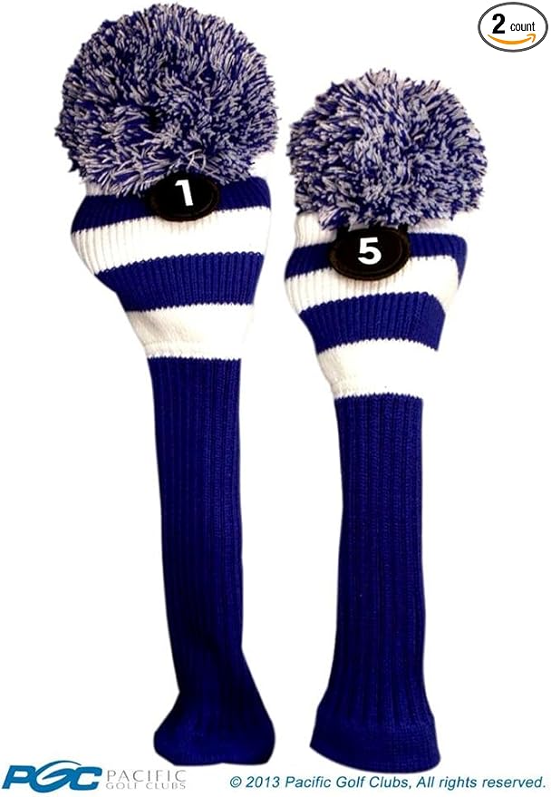 Majek Golf Club 1 5 White and Blue Limited Edition Driver and Fairway Wood Head Covers Fits 460cc Drivers Tour Knit Retro Vintage Pom Classic Long Neck Metal Longneck Woods Headcovers