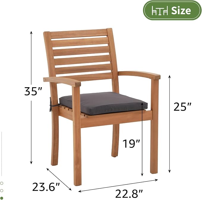 Stackable Patio Dining Chairs Set of 6, Dark Grey | Outdoor Acacia Wood Chairs - Image 3